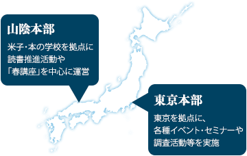 【山陰本部】米子・本の学校を拠点に読書推進活動や「春講座」を中心に運営【東京運営委員会】東京を拠点に、各種イベント・セミナーや調査活動等を実施